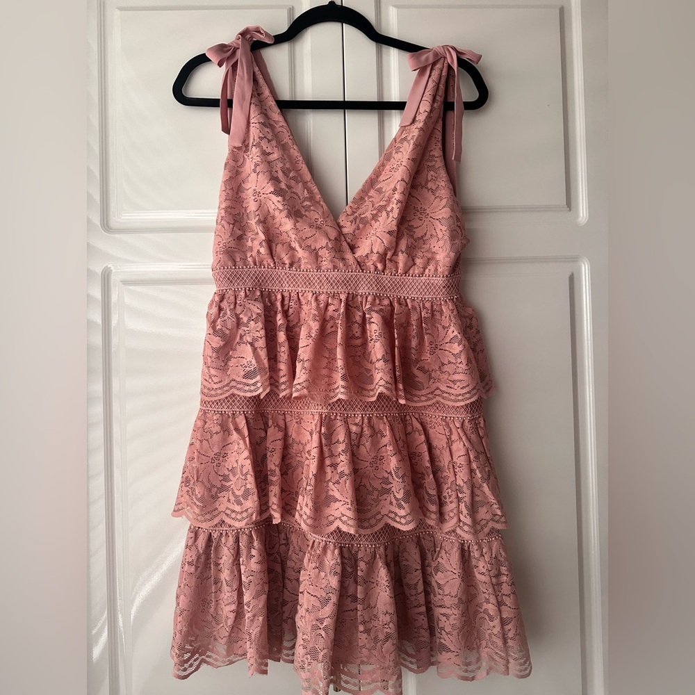 Bardot Blush Lace Tiered Mini Dress